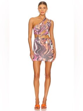h:ours Devin Cut Out Mini Dress in Pink & Orange Swirl